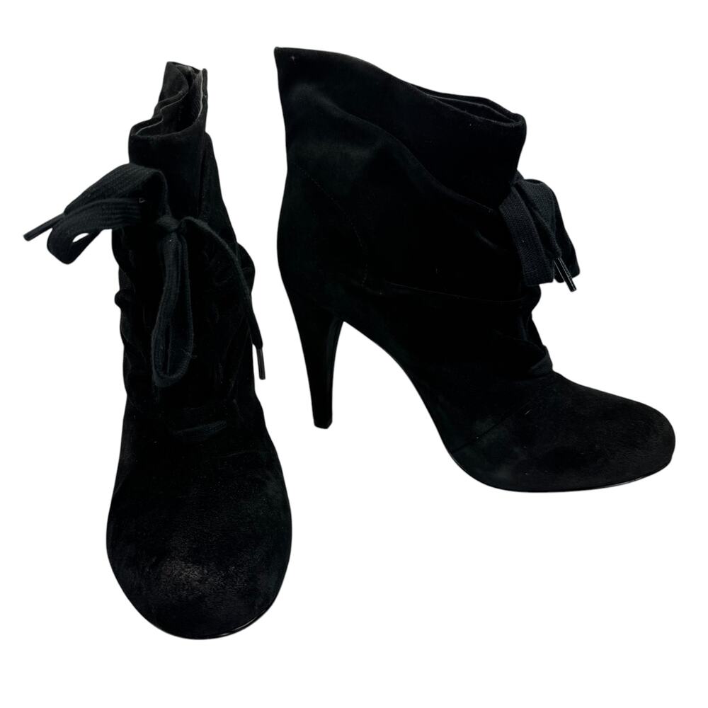 New Ash Honey Black Suede Lace-Up Booties Almond Toe, High Heel, Size 39